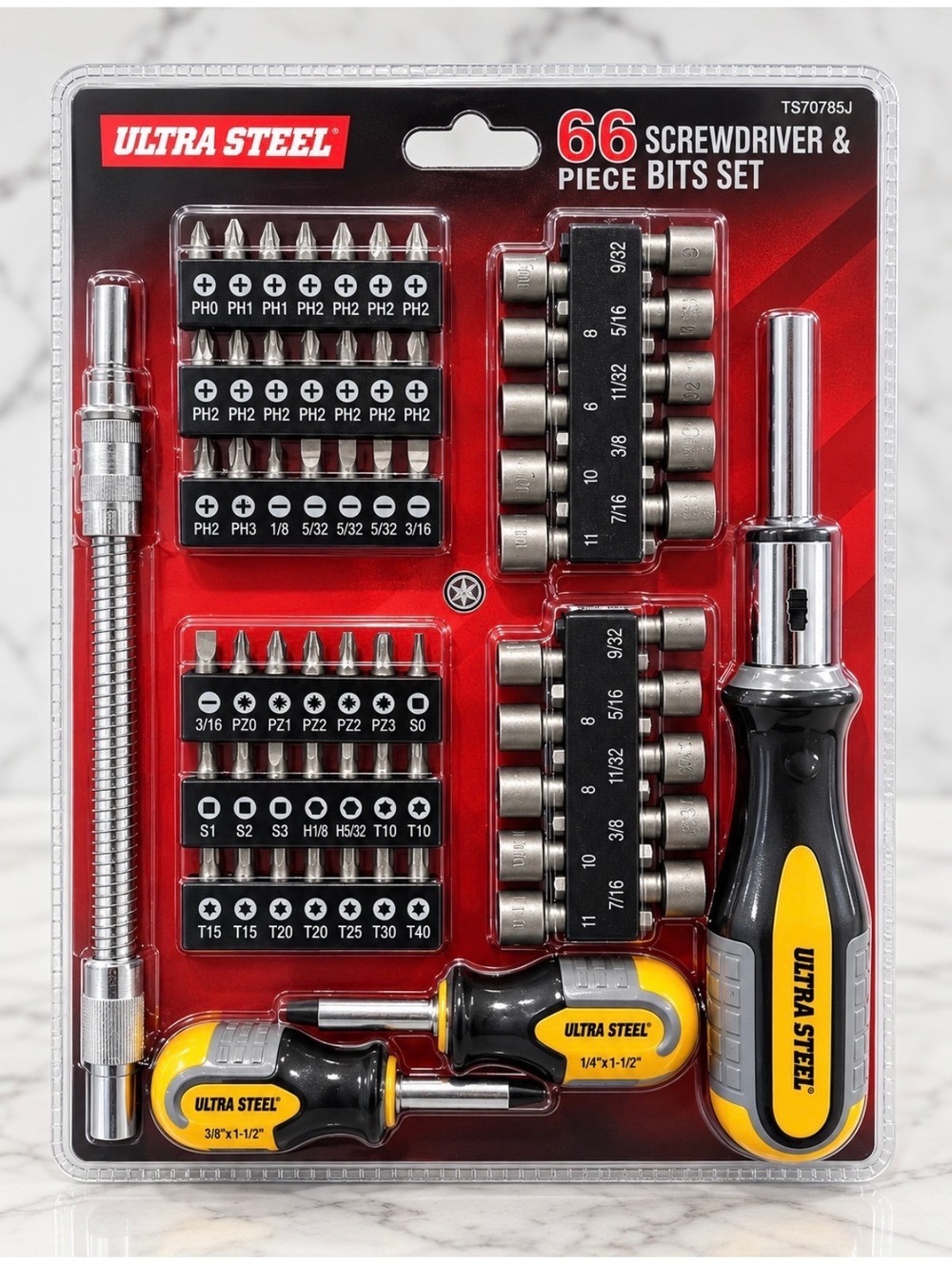 Ultra Steel 66 Piece Screwdriver & Bits Set with Soft Grip Handle